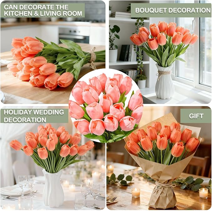 Artificial Flowers Mother's Day Easter Valentine's Day Gifts, Artificial Flowers Fake Tulips Flowers Home Kitchen Wedding Table Decorations a Bunch of 20 Coral Tulips