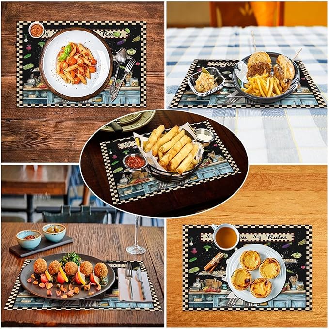 Gourmet Chef Placemats Vintage Rustic Plaid Cutlery Knives Cooking Vegetables Fruits Kitchen Utensils ation Placemats Table Kitchen Dining Party 12x18 Inch Set of 4