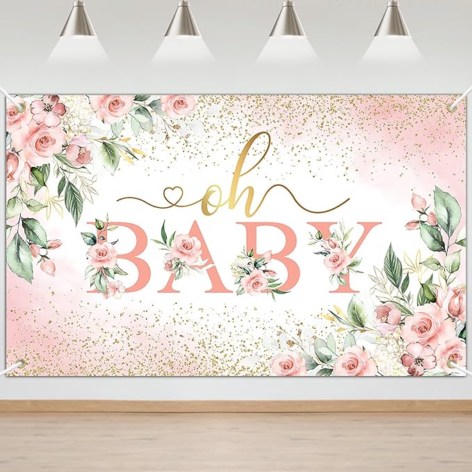 Mocsicka Oh Baby Backdrop Banner Girl Baby Shower Background Pink Floral Oh Baby Baby Shower Party Decorations Photo Booth Props (Pink, 6x3.6ft)