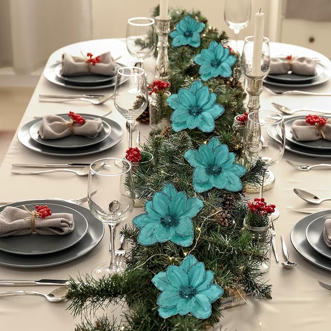8 Pcs Large Christmas Flower Magnolia Flowers Christmas Tree Decoration Artificial Poinsettia Stems Velvet Xmas Ornaments for Xmas Tree Table Decor(Light Blue,12 Inch)