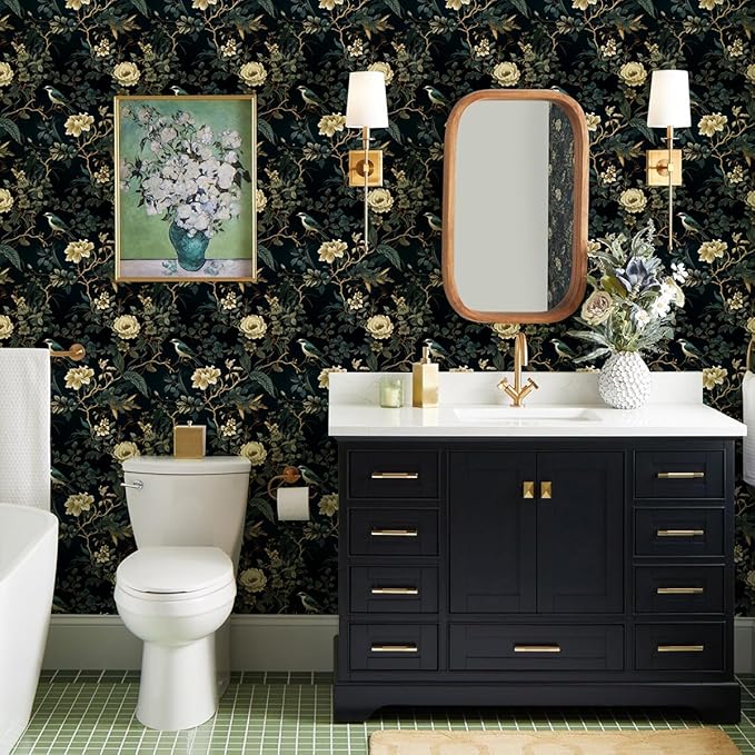 Dark Floral Peel and Stick Wallpaper Vintage Floral Contact Paper 16.9inchx196.8inch Flowers Bird Wallpaper Peel and Stick Boho Leaf Self Adhesive Removable for Bathroom Wall Paper Decor