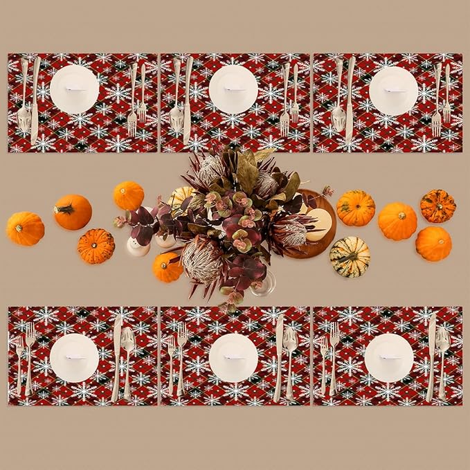 Christmas Xmas Waffle Art Snowflake Placemats Set of 6 PVC Vinyl Non Slip Table Mats Heat Resistant Place Mats Washable Wipeable Dining Table Mat for Kitchen Decor Party Indoor Outdoor Decorative Gift
