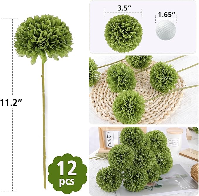 12 Pcs Artificial Chrysanthemums Flowers Green Flowers Silk Fake Mums Flowers for St Patricks Day Outdoor Wedding Table Centerpiece Home Decor (12, Green)