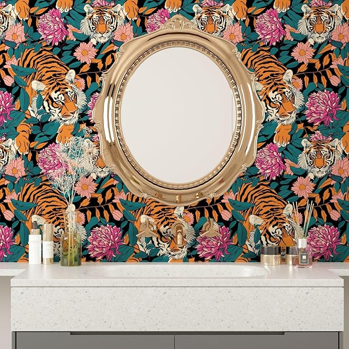 Tiger Wallpaper Peel and Stick Vintage Floral Contact Paper Retro Boho Leaf Wall Paper Removable Waterproof Renter Friendly Wall Decor for Bedroom Countertop Desk Cabinet 17.5 x 118In
