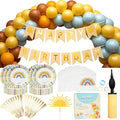 Sun Birthday Decorations – Sunshine Birthday Decorations Include Sun Rainbow Balloon Arch Kit, Pump, Cake Topper, Paper Plates, Napkins, Bamboo Forks, and Banner – Boho Party Decor, Serves 20 People