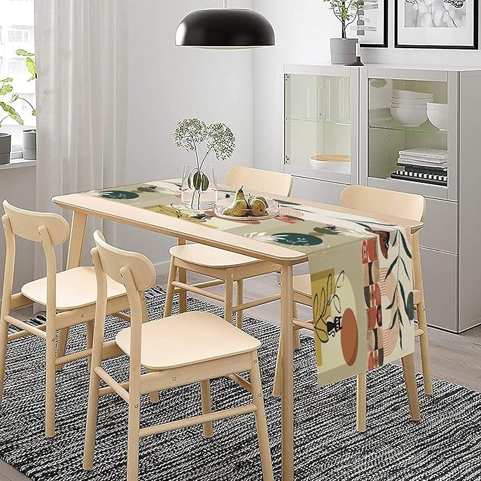 Mid Century Table Runner,Abstract Boho Plant Leaf Botanical Cat Modern Geometric Pattern Print Burlap for Hotel Indoors Outdoor Dining Room Kitchen Home Decor, 13x80in