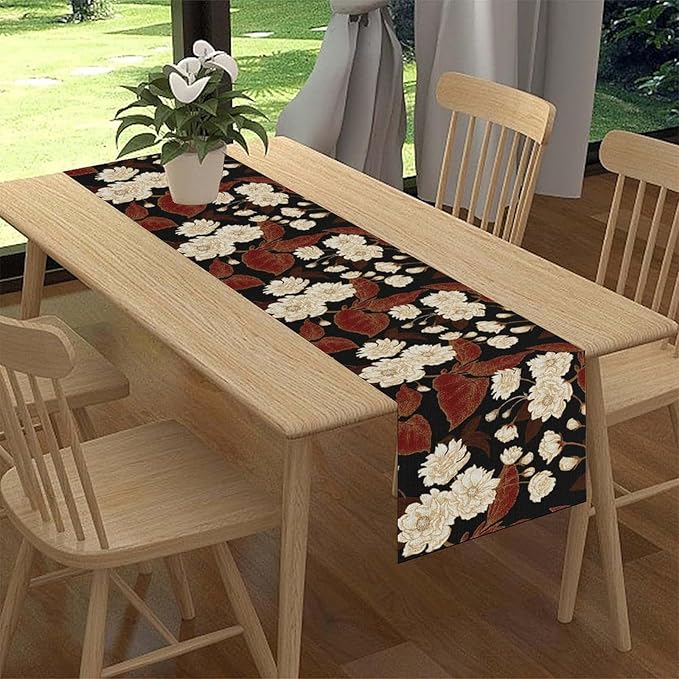 Boho Floral Table Runner, Black White Minimalist Vintage Rustic Flower Botanical Leaf Print Table Center Decor for Family Kitchen Table Decorations Indoor Outdoor 13x108 inch