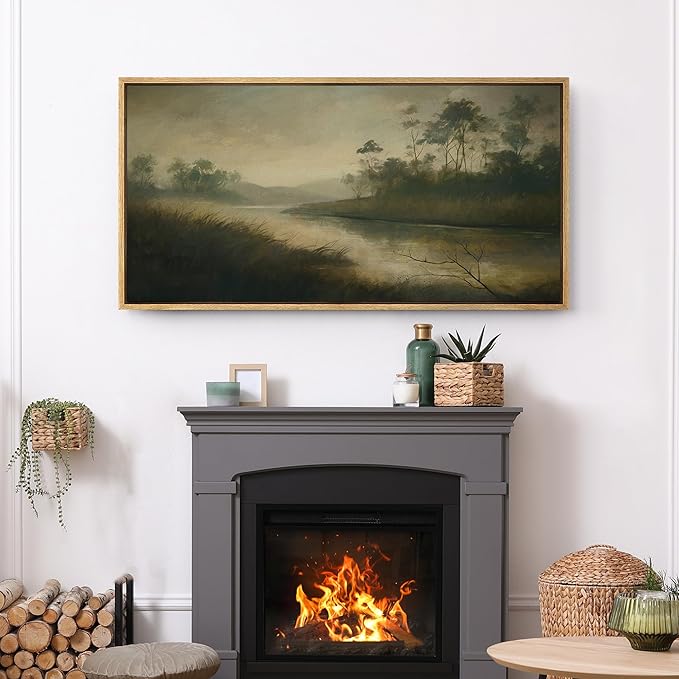 SIGNFORD Extra Large Framed Canvas Print Wall Art Misty River with Trees Tranquil Nature Landscape Illustrations Modern Art Relax/Calm Warm for Living Room, Bedroom, Office - 60"x30"