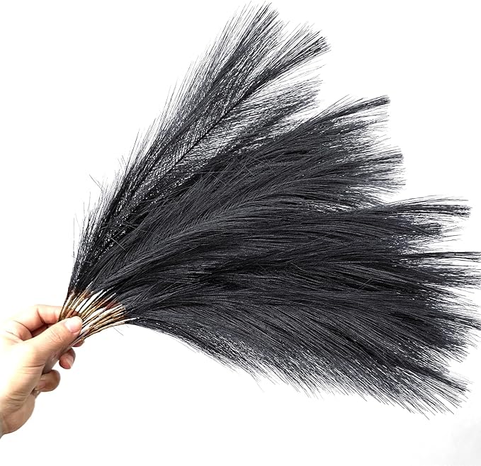Artificial Pampas Grass Plants Fake Reeds Decoration Set of 28 Stems 17” Faux Florals Bulrush Fluffy Beige Branches for Boho Home Wedding Party Vase Fillers Christmas DIY Feathers Décor Black 28 Pcs