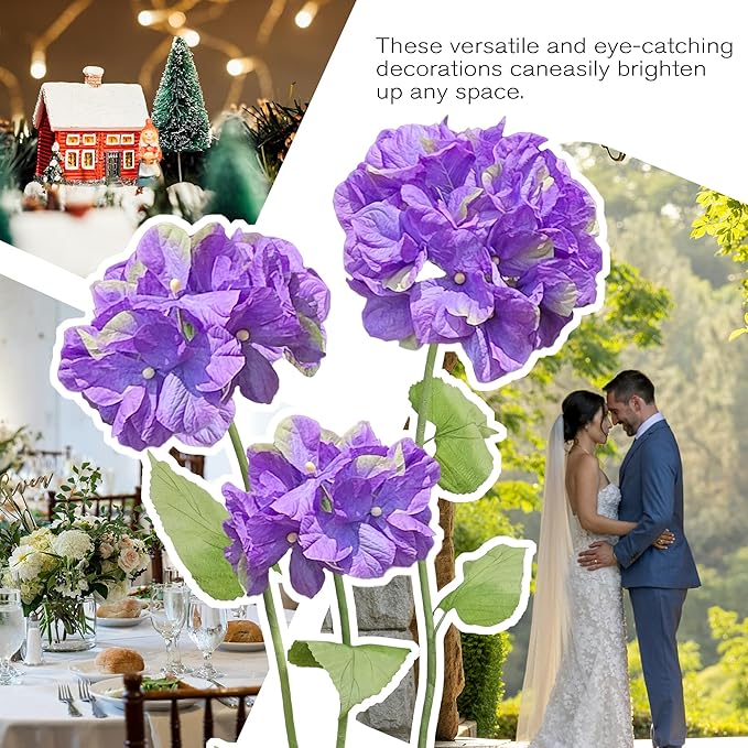 3Pcs Large Hydrangea Flowers Artificial Flower Decoration, Giant Artificial Flower Art Decor for Garden, Hote, Office, Home Farmhouse Decor, Wedding, Art Gallery, Store (Purple)