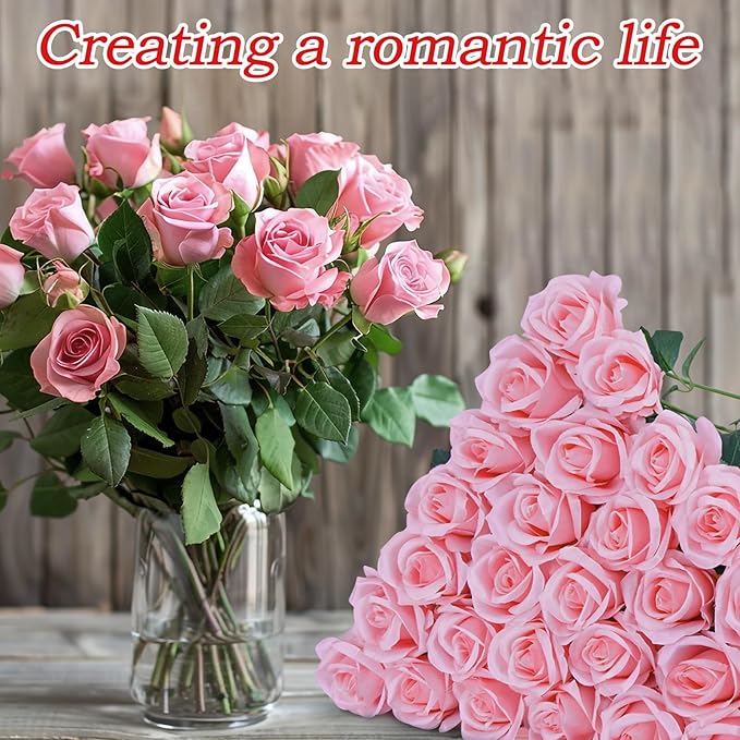 30pcs Fake Roses Artificial Silk Flowers Long Stems Bouquet for Wedding Bridal Shower Party Home Decoration (Pink)