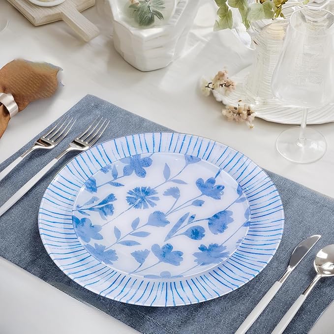 U-QE 20Pcs Blue Plastic Plates - Botanical Stripes Hanukkah Plates Disposable Heavy Duty, Fancy Floral Pattern Perfect for Hanukkah, Tea Parties, Holidays - 10.25" Dinner & 7.5" Dessert Plate