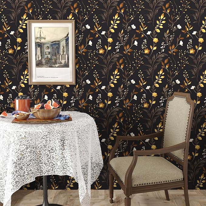 Black Floral Wallpaper Peel and Stick, Dark Gold Vintage Flower Contact Paper 17.5" x 393.7", Golden/White Botanical Wall Paper Self Adhesive Waterproof Removable for Room Cabinet Drawer Table Decor