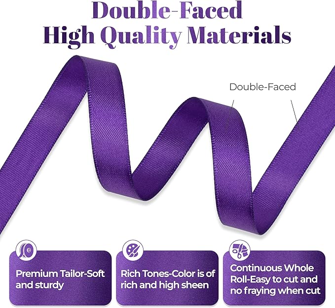 Double Faced Purple Satin Ribbon, 1/2 Inch X 25 Yards Polyester Ribbon for Gift Package Wrapping, Crafts, Bow Making, Sewing, Flower Bouquet, Wedding Party Decor