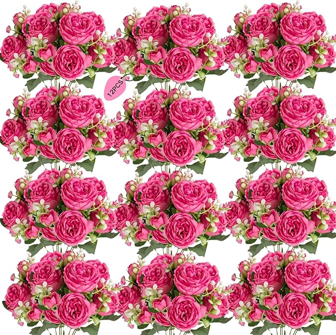 ASTRYAS 12Pcs Peonies Artificial Flowers, Hot Pink Peony Artificial Peonies, Silk Peonies Flowers Fake Peonies Bouquet for Centerpiece Table Wedding Party Home Decor
