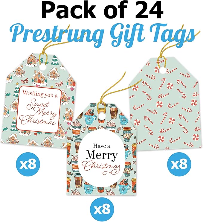 Pro Supply Global 24 Count of 2.5 Inch x 3 Inch Pre Strung Christmas Treats Gift Tag Assorted Printed Designs on Large Cardstock Gift Hang Tags - Ideal to Use on Bags