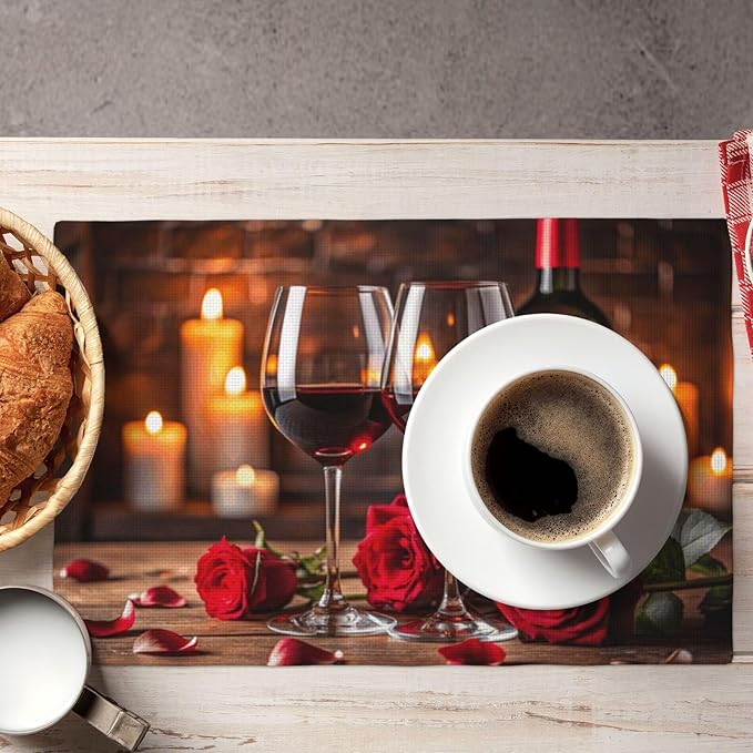 Red Rose Wine Linen Table Placemats Set of 4 Romantic Rose Floral Modern Art Placemat Indoor Outdoor Party Home Desktop Kitchen Dining Room Decoration 12x18 Inch