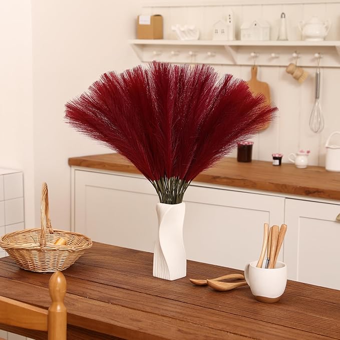 Faux Burgundy Pampas Grass - 30pcs 24 Inch Artificial Pampas Grass Decor Tall, Fake Pompas Grass for Vase Filler, Table Centerpieces, Wedding, Party and Home Decor (Burgundy, 60 Pieces)