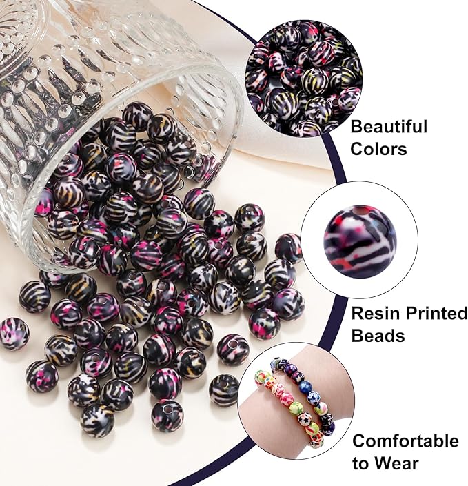 100 PCS 10mm Resin Beads Bulk for Bracelet Making Kit, Leopard Print Round Loose Beads for Jewelry Earring Necklace Rings Art Craft DIY Projects