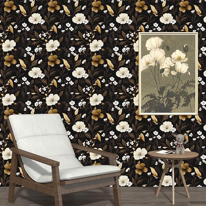 Black Gold Floral Wallpaper Peel and Stick 17.4" X 118" Golden Leaf Small Flower Contact Paper Floral Pattern Removable Self Adhesive Covering for Bedroom Cabinet Bathroom Home Decor Black Dark