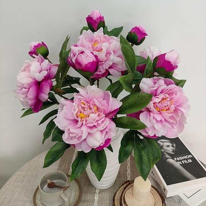 Purple Pink Peonies Artificial Flowers,5 Pcs Fake Silk Peonies with Stems Real Look,Peony Bush for Home Decor (5, Purple Pink)