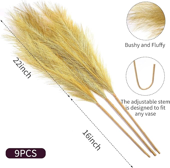 9 Stems Gold Pampas Grass - 38 Inch Tall Faux Pompous Grass Decor, Large Artificial Pompas Floral for Wedding Flower Arrangement,Great Gatsby Party Decorationsa and Home Decor (Gold)