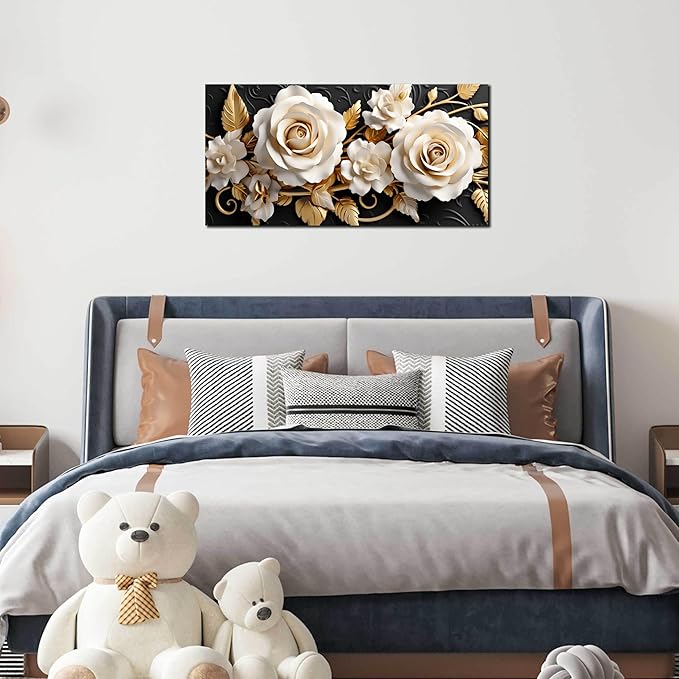 Flower Large Canvas Wall Art for Living Room Bedroom Home Office White and Gold Wall Art Blossom Picture Framed Wall Decor Modern Canvas Prints 20x40 In