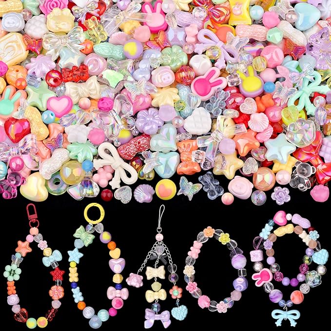 Assorted Acrylic Beads, 200-260PCS Mixed Colors Cute Beads for Bracelet Making, GummyBear Bow Flower Kawaii Charms for Jewelry Making DIY Necklace Keychain Phone Charm Christmas Gift