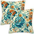 Turquoise Floral Throw Pillow Covers Set of 2 | Teal Vintage Flower Pillow Cases for Home Decor | Decorative Square Cushion Cases for Sofa and Chair | 18x18 Inches