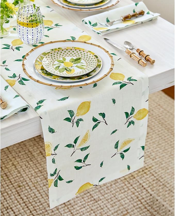 Solino Home Lemon Print Table Runner 60 inch - 100% Pure Linen Table Runner 14 x 60 Inch - Machine Washable - Botanical Lemon/Off White Print