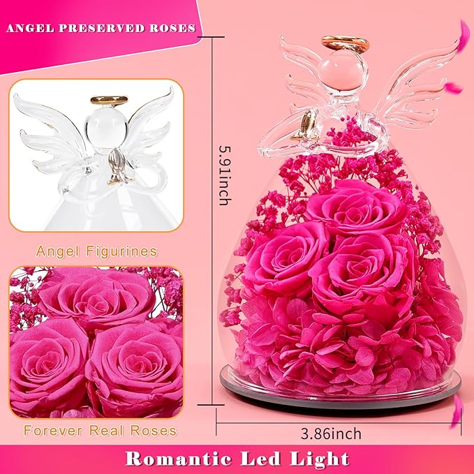 Beferr Christmas Birthday Gifts for Women, Mom Gifts for Christmas Fresh Flowers for Delivery Prime Forever Preserved Rose in Glass Angel Figurine Xmas Gifts for Grandma Wife Sister Her, Rose Red