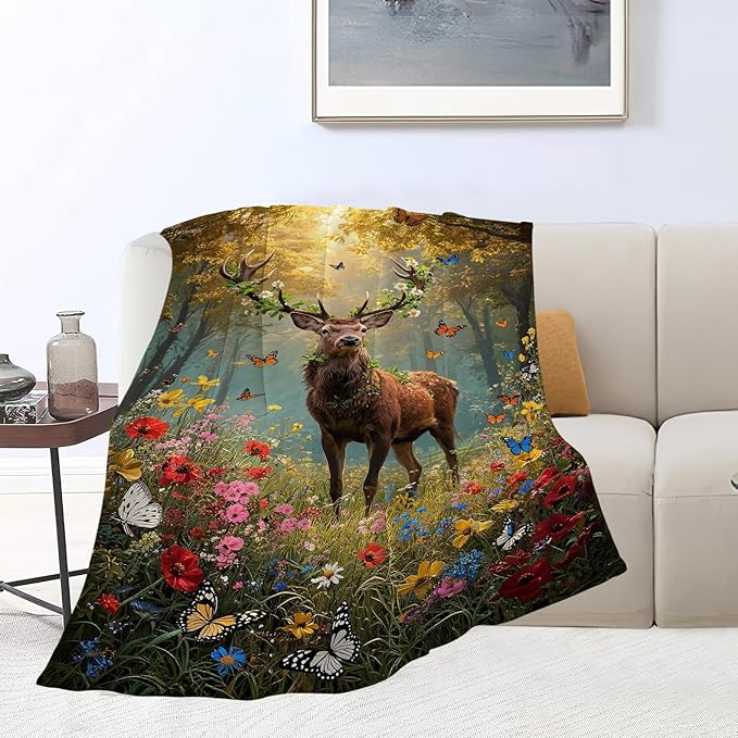 Forest Deer Blanket Hunting Elk Throw Blanket Wildlife Soft Cozy Fleece Fuzzy Stuffed Plush Flannel Gifts for Girls Women Boys Kids Adults 50"X60"