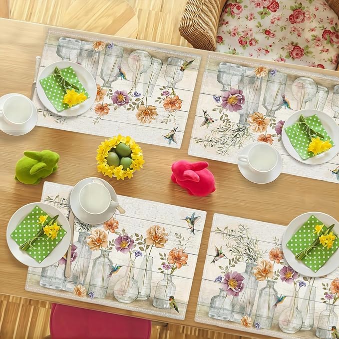 Floral Placemats Set of 4 Flower Hummingbird Table Mats Washable Place Mats for Home Party Indoor Kitchen Dining Table Decoration 12x18 Inch