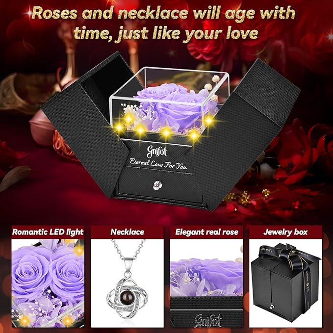 2 Preserved Rose Gift for Women - Eternal Rose with I Love You Necklace - Romantic Birthday Gifts for Girlfriend Mom Her Wife Grandma on Valentines Mothers Day Anniversary Christmas-Light Purple
