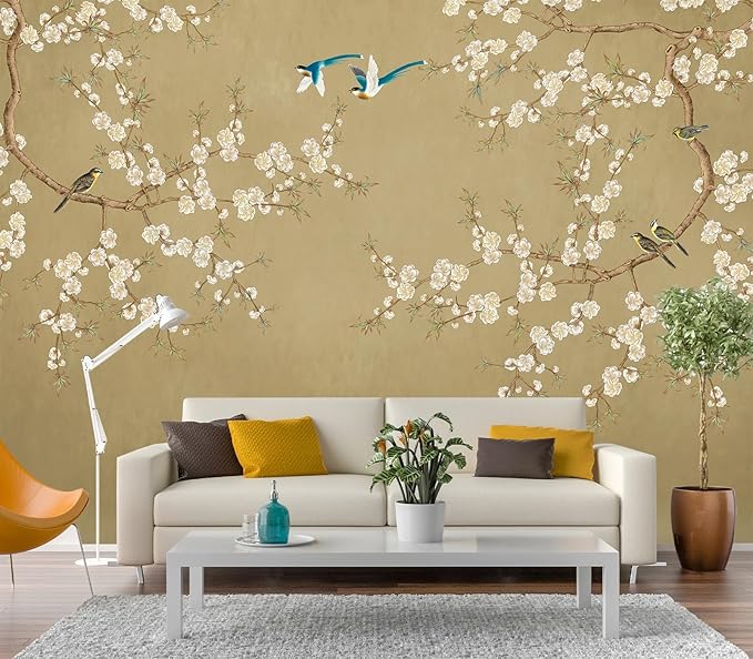 Eierme-Beautiful Background China Art. Flower with Bird Mural Wallpaper Peel and Stick 90" x 67"