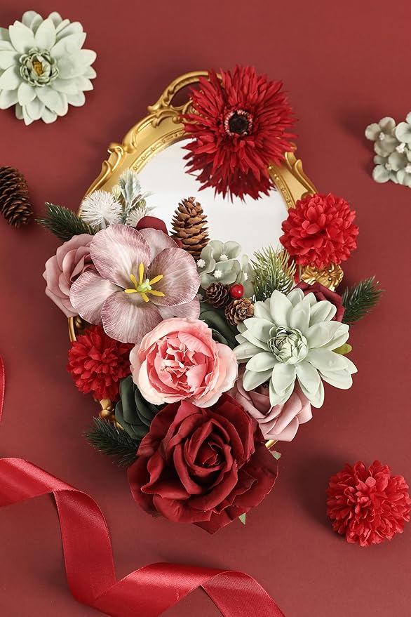 YYHUAWU Artificial Christmas Flowers Combo Box Set Fake Flowers Leaf with Stems for DIY Tree Ornaments Xmas Wreath Floral Arrangements Centerpieces