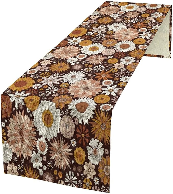 Boho Floral Table Runner, Vintage Country Farmhouse Daisy Flowers Modern Kitchen Dining Room Decoration for Indoor and Outdoor Wedding Party Banquet Table Runner 13x120 Inch