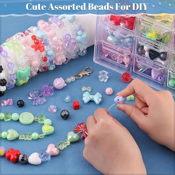 Assorted Acrylic Beads, 400-450PCS 6 Mixed Colors Cute Beads for Bracelet Making, GummyBear Bow Flower Kawaii Charms for Jewelry Making DIY Necklace Keychain Phone Charm Christmas Gift