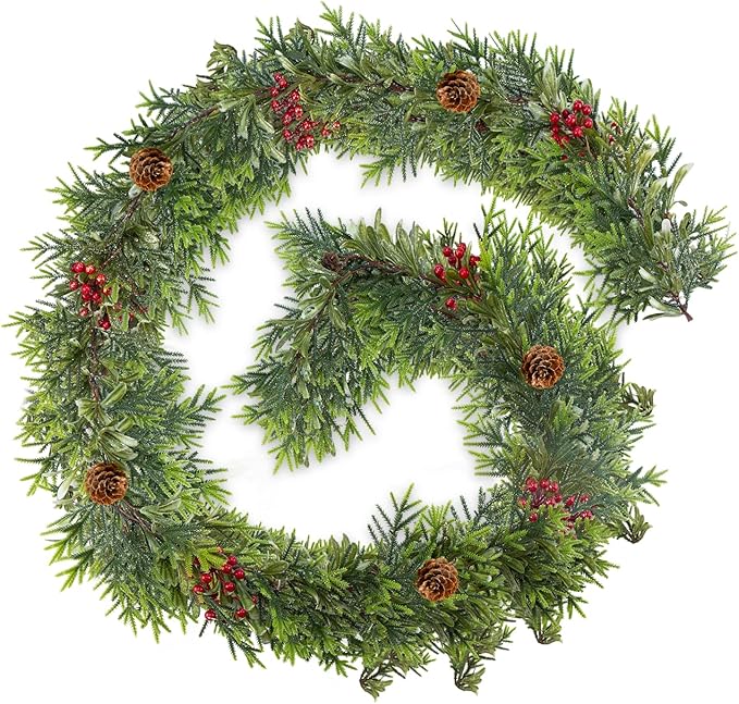 6FT Christmas Garland – Artificial Norfolk Pine Olive Garland with Red Berries, Pinecones & 20 Warm LED Timer Lights – Holiday Garland for Home, Wedding, Party Decorations
