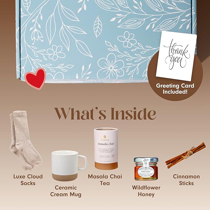 Unboxme Thank You Gift Basket for Women, Warm & Cozy Care Package with Tea, Mug, Socks & Honey, Ready to Gift for Holidays, Clients, Coworkers & Friends