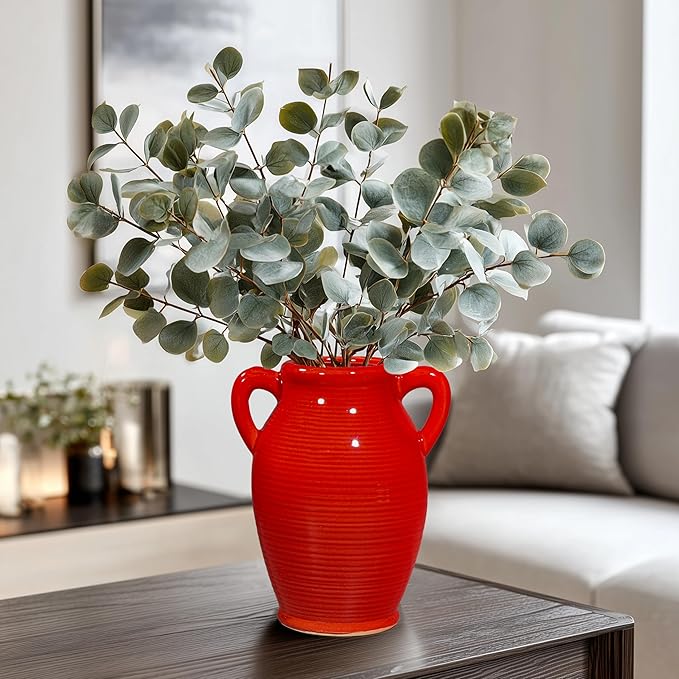 Sunddo Red Flower Vase for Home Decor, Modern Ceramic Vase for Centerpieces, Decorative Vase with 2 Handles, Kitchen, Bedroom, Office, Living Room & Bathroom, Shelf Decor, 8 Inch