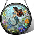 Stained Glass Window Hanging - Light Blue Mermaid Suncatcher for Door Terrace Garden Home Decor, Ocean Flowers Sun Catcher Birthday Gifts for Lovers Women Men Dad Mom Nana 7.8 in
