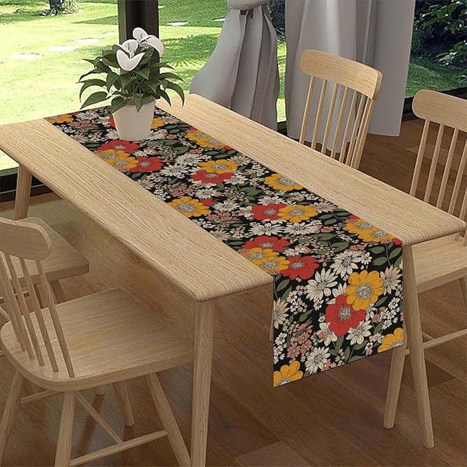 Boho Floral Table Runner, Colorful Vintage Flower Bohemian Floral Print Table Decor for Home Kitchen Dining Patio Holiday Party Indoor Outdoor Table Decorations 13x36 inch