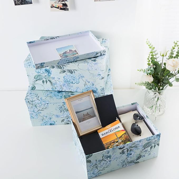 Soul & Lane Decorative Cardboard Storage Boxes with Lids for Home Decor and Organization, Set of 3 Large Keepsake Boxes for Memories & Gifts, Nesting Floral Photo Storage Containers, Springtime Joy
