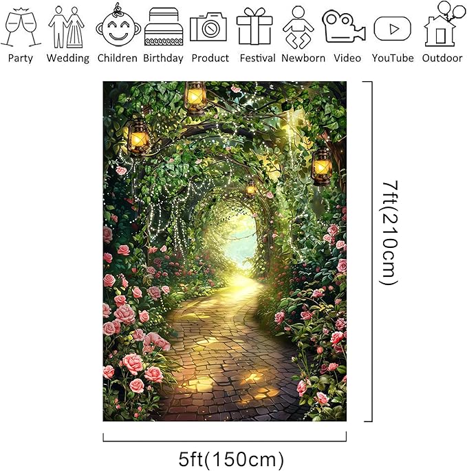 Riyidecor Fairy Princess Backdrop Wonderland Garden Pink Rose Lights Greenery Enchanted Woodland 5Wx7H Feet Photography Background Bridal Shower Birthday Wedding Photo Studio Shoot Polyester Fabric