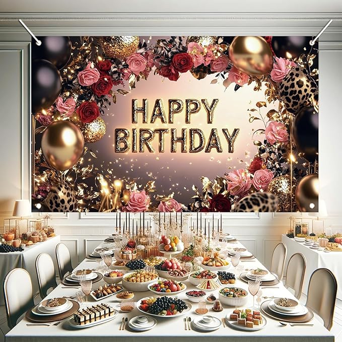 Red and Black Happy Birthday Backdrop Banner Gold Balloons Rose Flowers Leopard Print Party Decorations Photography Background Women Girls Birthday Photo Booth Props 71x43 Inch