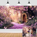 7X5ft Enchanted Forest Backdrop Fairy Tale Purple Garden Wonderland Tree House Floral Background for Kids Girl Baby Shower Birthday Party Decoration Banner Cake Table Photo Booth Props