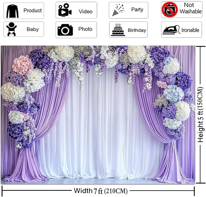 20x10ft Flower Photo Backdrop Floral Purple Photography Background White Curtain Spring Wedding Baby Shower Girl Princess Birthday Party Supplies Photo Studio Props