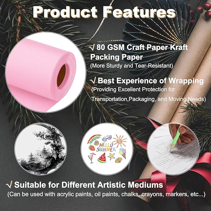 PATIKIL Wrapping Paper, 15"x800"(66') Bulletin Board Paper Roll Kraft Paper Roll Construction 80GSM for Shipping Packing Gift Wrapping Craft Flower Bouquet Christmas, Pink