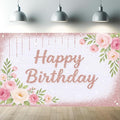 Rose Gold Birthday Backdrops Banner Floral Pink Flower Glitters Happy Birthday Photography Background for Women Girls Wedding Baby Shower Decor Party Photo Booth Supplies 6x4ft